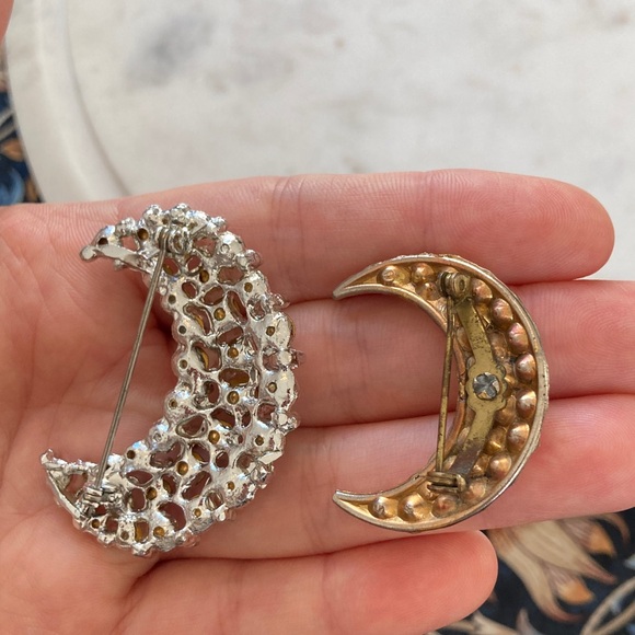 Vintage Crescent Moon Rhinestone Brooches - Picture 5 of 9